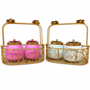 A decorative metal wire basket set containing two lidded storage jars with floral or lotus-shaped knobs, available in pink and white colors.