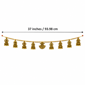 Traditional golden-finish metal door toran featuring idols of Lakshmi and Ganesha, measuring approximately 37 inches.