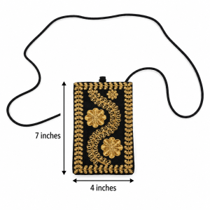 Embroidered mobile sling pouch of height 7 inches and width 4 inches.