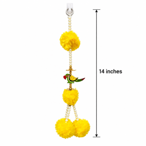 An artificial marigold flower and parrot decorative door hanging, or latkan, measuring approximately 14 inches long.