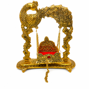 Laddu Gopal jhula featuring an intricate peacock design and a red velvet seat.