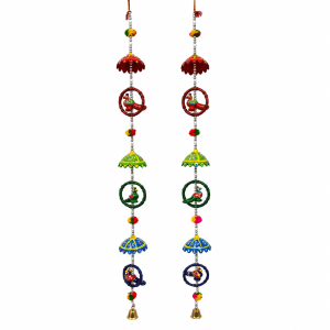 A pair of traditional handmade Rajasthani decorative door hangings featuring colorful beadwork, painted peacock ring motifs, umbrella shapes, and small metal bells at the bottom.