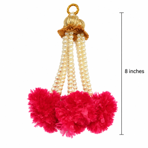 An 8-inch decorative hanging ornament featuring looped pearl bead strings attached to vibrant red artificial marigold tassels with a golden top.