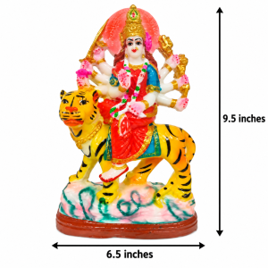 Multi-colored Maa Durga idol - Sherawali Mata seated majestically on her tiger mount / vahana.
