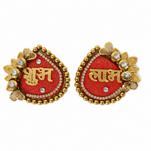 Traditional drop-shaped fabric Shubh Labh stickers featuring textured red backgrounds, golden lettering, and sparkling rhinestone detailing.