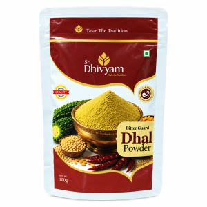 100g pouch of Sri Dhivyam Bitter Gourd Dhal Powder (Pavakkai Paruppu Podi), a traditional South Indian spice mix.