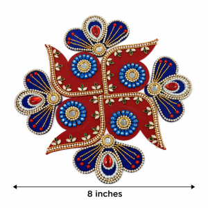 Acrylic Swastik Rangoli decorated with vibrant red and blue acrylic bases, kundan stones, pearls, and center mirrors