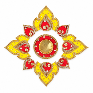 Top view of reusable acrylic rangoli with tealight holder.