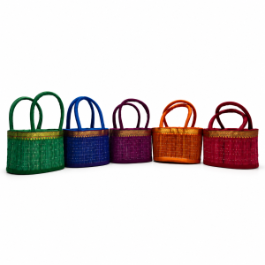 Grass Thamboolam Basket with Drawstring Closure | Oval Grass Basket with Fabric Handle for Navrathri, Deepavali Return Gifts, Pooja, Weddings & Festive Gifting | 1 Pc
