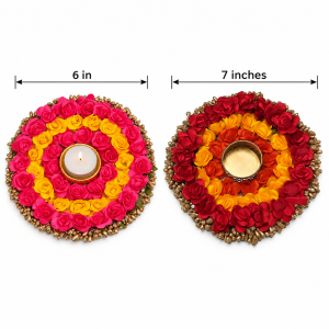 Artificial Flower Round Tealight Holder | 6 " / 7 "| Deepavali, Pooja & Festive Decor | 1 Pc