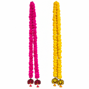 A pair of vibrant, handcrafted artificial flower hangings featuring pink and yellow marigold-style strands accented with decorative lotus tassels at the bottom.