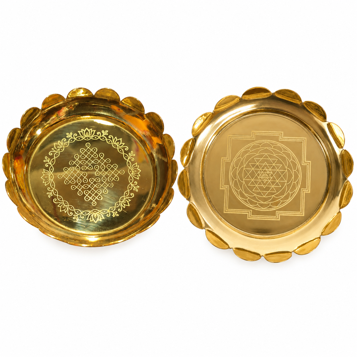 Decorative Brass Plate with Yantra & Kolam Designs | 4" x 1.2" | Pooja | Home Decor & Festive Gifting | 1 Pc