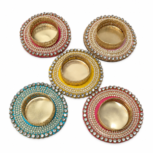 Kundan and Pearl Tealight Candle Holder 3 Inch | MDF Beaded Candle Stand with Metal Cup | Assorted Colour Festive Decor for Deepavali, Pooja, Weddings & Home Decoration | 1 Pc