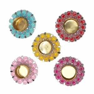 Decorative Beaded Tealight Candle Holder 4 Inch | MDF Kundan & Pearl Candle Stand with Metal Cup | Assorted Colour Festive Decor for Deepavali, Pooja & Home | 1 Pc