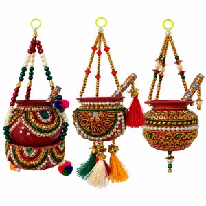 Handmade Makhan Handi / Krishna Matki with Decorative Stick | Hanging Dahi Handi For Janmashtami & Pooja Décor | Set of 2