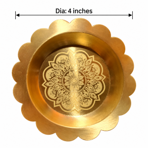 Printed Brass Pooja Plate 4 Inch | Floral Mandala Design Brass Offering Plate for Pooja, Home Temple, Festive Decor & Gifting | 1 Pc