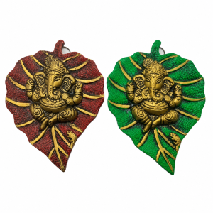 A pair of Lord Ganesha wall hanging crafted with a gold-finish idol of Ganesha seated upon colored Peepal leaf.