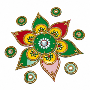 Reusable Acrylic Rangoli Set 19 Pcs | Green, Red & Yellow Kundan Rangoli for Deepavali, Pooja & Festive Floor Décor | 10 Inches