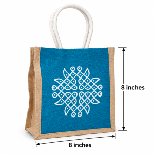 A traditional blue and natural Kolam Print Jute Bag measuring 8 by 8 inches.