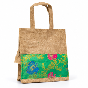 Jute bag with peacock print.