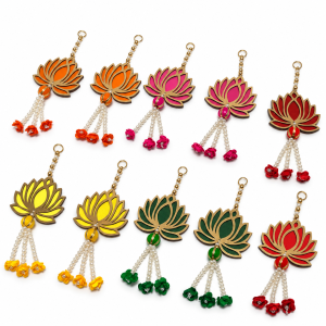 Lotus Wall Hanging with Bead Tassel 10 Inches | MDF Lotus Door Hanging with Pearl Beads & Floral Tassels | Deepavali, Festive, Pooja Room & Home Décor | 1 Pc
