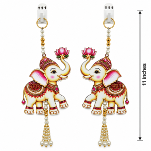 Pichwai elephant Shubh Labh wall hanging pair with lotus motifs, pearl beads and decorative tassels
