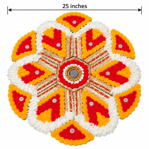 A handcrafted Pom Pom Rangoli Mat featuring vibrant red, orange, and white pom-poms with a central mirror accent, measuring 25 inches approx.