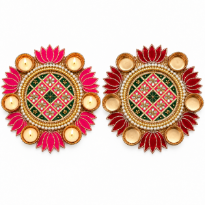 Red & Pink Rangoli with tealight holders displayed together.