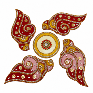 Reusable Acrylic Rangoli 5 Pc Set Red & Yellow| Kundan & Stone Decorative Floor Rangoli for Deepavali, Pooja & Festive Décor | 8 to 11 Inches