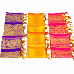 Ponnadai featuring traditional gold zari borders and tassels in purple, orange and pink colors.