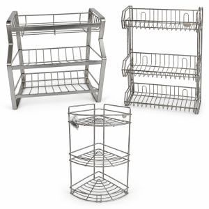 Three different models of stainless steel multipurpose racks displayed.
