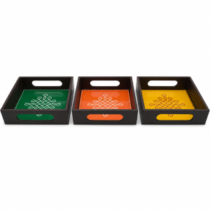 Kolam Printed Wooden Trays 6 x 6 Inches | Muggulu Wooden Serving Tray with Handles | Festive Gifting, Pooja & Home Décor | 1 Pc