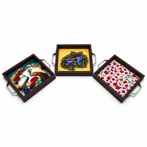 Pichwai Printed Wooden Tray 8 x 8 x 1 Inches | Printed Wooden Tray with Side Handles for Serving, Festive Gifting & Home Décor | 1 Pc