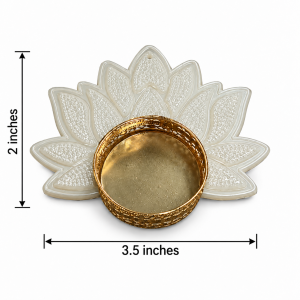 White lotus tealight candle holder with pearl-textured petals and gold-tone metal cup measuring 2 inches in height & 3.5 inches in length approx.